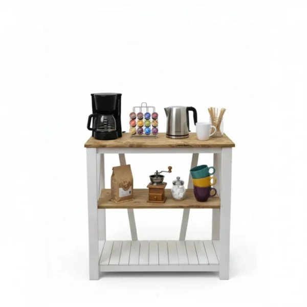 MM-CONSOLA-011-3 Estación de Café de Madera de Pino 3 Niveles FarmHouse Blanco 90x35x90 cm